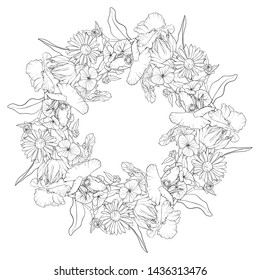 vector drawing flowers, decorative rosette, stylized design template, isolated floral element, hand drawn botanical illustration,coloring page