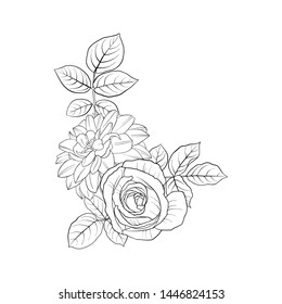 vector drawing flowers, decorative rosette, stylized designtemplate, isolated floral element, hand drawn botanical illustration,coloring page