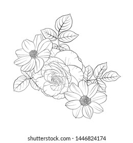 vector drawing flowers, decorative rosette, stylized designtemplate, isolated floral element, hand drawn botanical illustration,coloring page