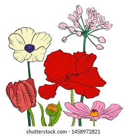 vector drawing flowers, floral composition, hand drawn art illustration