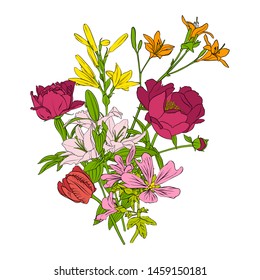 vector drawing flowers, floral composition, hand drawn art illustration