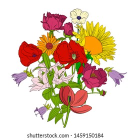 vector drawing flowers, floral composition, hand drawn art illustration