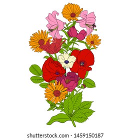 vector drawing flowers, floral composition, hand drawn art illustration