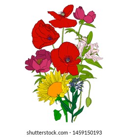 vector drawing flowers, floral composition, hand drawn art illustration