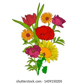 vector drawing flowers, floral composition, hand drawn art illustration