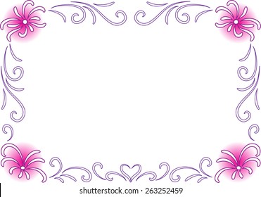 vector drawing flowers with frame in pink and purple