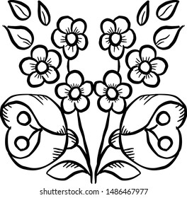 vector drawing flowers and leaves, isolated floral composition, hand drawn botanical illustration