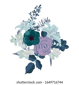 vector drawing flowers and leaves ,isolated floral design elements at white background, hand drawn illustration