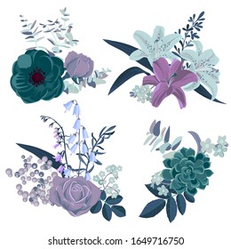 flores y hojas de dibujo vectorial, elementos de diseño floral aislados en fondo blanco, ilustración dibujada a mano