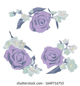 vector drawing flowers and leaves ,isolated floral design elements at white background, hand drawn illustration
