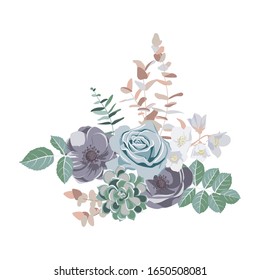 vector drawing flowers and leaves , isolated vintage floral design elements at white background, hand drawn illustration in pastel colors