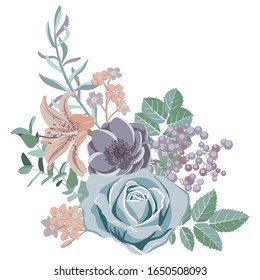 flores y hojas de dibujo vectorial , elementos de diseño floral vintado aislado de fondo blanco, ilustración dibujada a mano en colores pastel