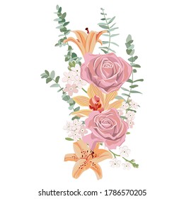 vector drawing flowers and leaves, isolated floral design compostion at white background, hand drawn illustration