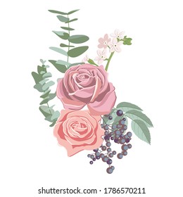 vector drawing flowers and leaves, isolated floral design compostion at white background, hand drawn illustration
