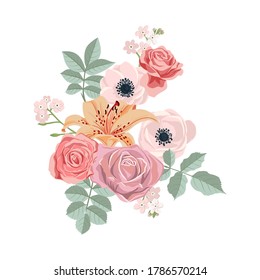 flores y hojas de dibujo vectorial, composición de diseño floral aislada en fondo blanco, ilustración dibujada a mano
