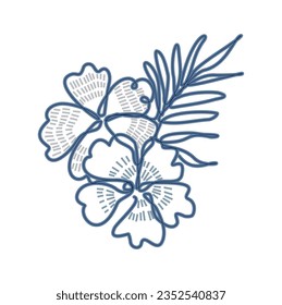 vector drawing of flowers and leaves in line blue and navy blue color with white background