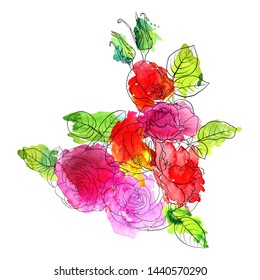vector drawing flowers and leaves of roses and poppies at watercolor spots, isolated floral composition, hand drawn botanical illustration