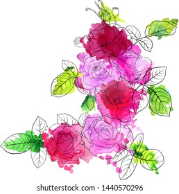 vector drawing flowers and leaves of roses and poppies at watercolor spots, isolated floral composition, hand drawn botanical illustration