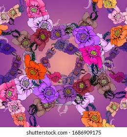 Vector drawing. Flowers with leaves. Seamless patterns. Use printed materials, signs, objects, sites, maps.