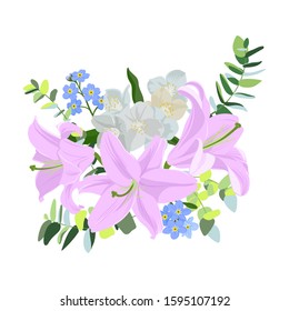 vector drawing flowers of lilies, forget-me-nots and mock-orange, isolated floral elements at white background, hand drawn illustration