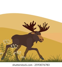 vector drawing flowers and moose, hand drawn illustration