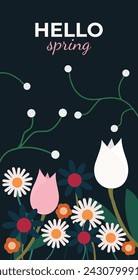 Vector drawing of flowers on a dark background. Banner poster flyer cover card template. Vector file design elements.