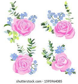 vector drawing flowers of pink roses and blue forget-me-nots, isolated floral elements at white background, hand drawn illustration