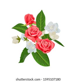 vector drawing flowers of red roses and white mock-orange, isolated floral elements at white background, hand drawn illustration