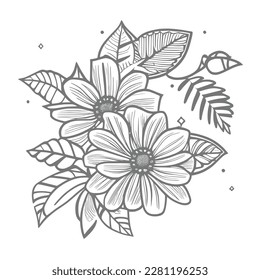 Flores de dibujo vectoriales, diseño estilizado, elementos florales aislados, ilustración a mano, página de coloreado Uso de niños y adultos, tarjeta de invitación.
