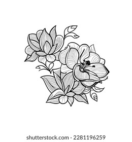 Flores de dibujo vectoriales, diseño estilizado, elementos florales aislados, ilustración a mano, página de coloreado Uso de niños y adultos, tarjeta de invitación.