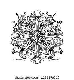 Vector drawing flowers, stylized design, isolated floral elements, hand-drawn illustration, Using Child and Adult coloring page, invitation card.
