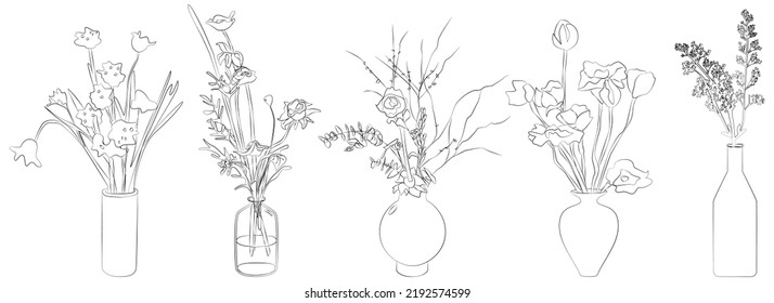 vector drawing of flowers in vases, set of floral elements, line illustration