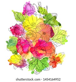 vector drawing flowers with watercolor, floral composition, hand drawn art illustration