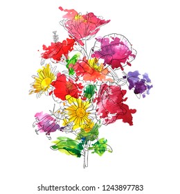 vector drawing flowers with watercolor paint stains, floral composition, hand drawn illustration