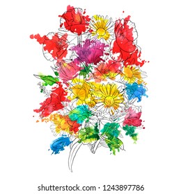 vector drawing flowers with watercolor paint stains, floral composition, hand drawn illustration