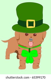 Vector drawing of a fluffy canine leprechaun with clover and green hat celebrating St. Patrick day