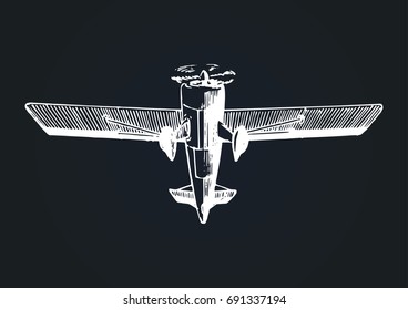 Vector drawing of flying aircraft on black background. Vintage retro plane poster, card. Hand sketch aviation illustration in engraving style.