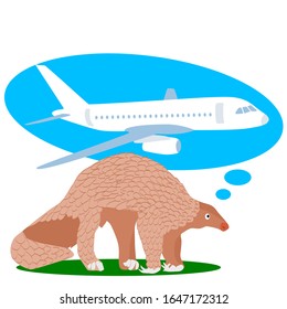 Vector drawing of a flying airplane, dream pangolin about flying in the sky. In a flat style on a white isolated background