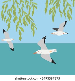 Vektorgrafik, die fliegende Vögel zeichnet, handgezeichnete Heringsmöwen, grüne Weidenäste mit Blättern und Wasser, Wildtierillustrationen