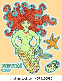 Vector drawing in a folk style. Mermaid with fish.
