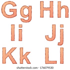 Vector drawing font isolated on white background. Uppercase and lowercase letters of the Latin alphabet with the ink double circuit and painted with red color