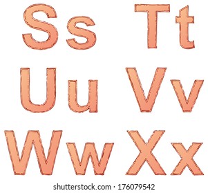 Vector drawing font isolated on white background. Uppercase and lowercase letters of the Latin alphabet with the ink double circuit and painted with red color