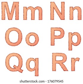 Vector drawing font isolated on white background. Uppercase and lowercase letters of the Latin alphabet with the ink double circuit and painted with red color