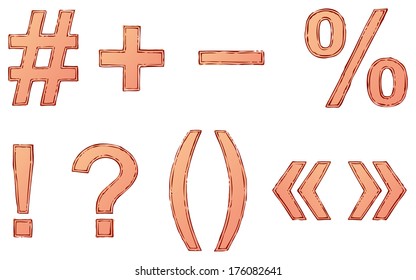 Vector drawing font isolated on white background. Spelling signs and symbols with ink double circuit and painted with red color