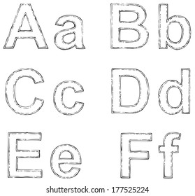 Vector drawing font isolated on white background. Uppercase and lowercase letters of the Latin alphabet with ink double loop