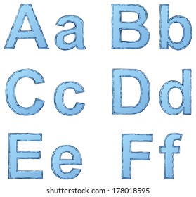 Vector drawing font isolated on white background. Uppercase and lowercase letters of the Latin alphabet with ink double loop and painted with blue color