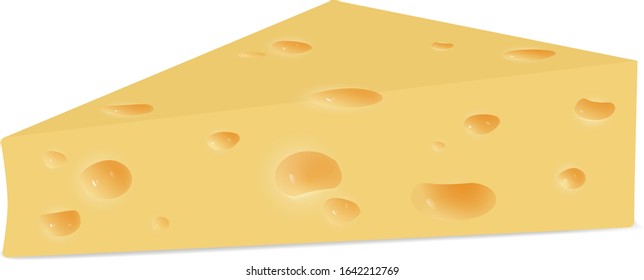 Vector drawing. Food concept. Yellow piece of cheese with holes white background, icon in 3d, symbol for web site design, mobile app