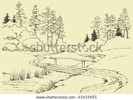 Vector Drawing Forest Landscape Stream Through arkivert vektor (royalty