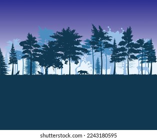 Vector drawing of forest, Trees vector illustrations, Night view of jungle