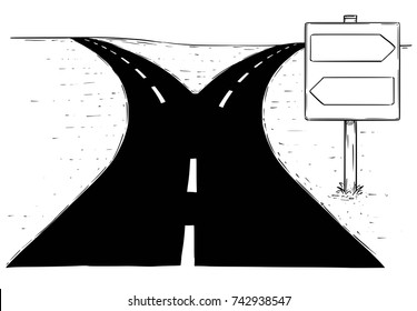 Vector drawing of fork in the road with empty blank decision arrow signs.